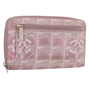 CHANEL New Travel Line Zip Around Long Wallet Nylon Pink Silver CC Auth bs31593